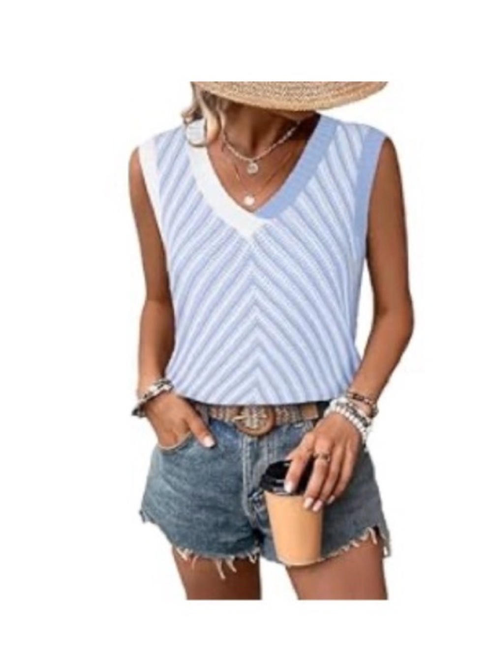 Light Blue Striped V-Neck Sleeveless Top
